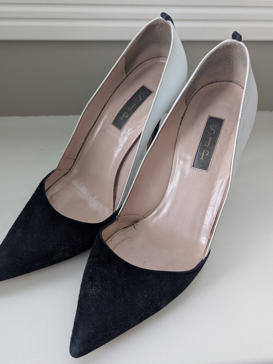 SJP by Sarah Jessica Parker Shoes - SJP by Sarah Jessica Parker Black Suede and White Leather Pointed Pumps